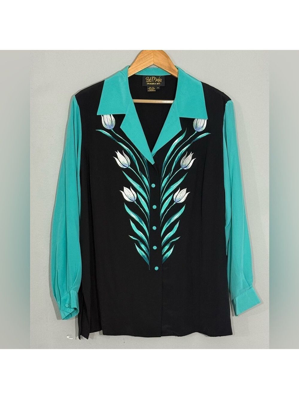 Bob Mackie Wearable Art Silk Blouse 1X Teal Black Floral